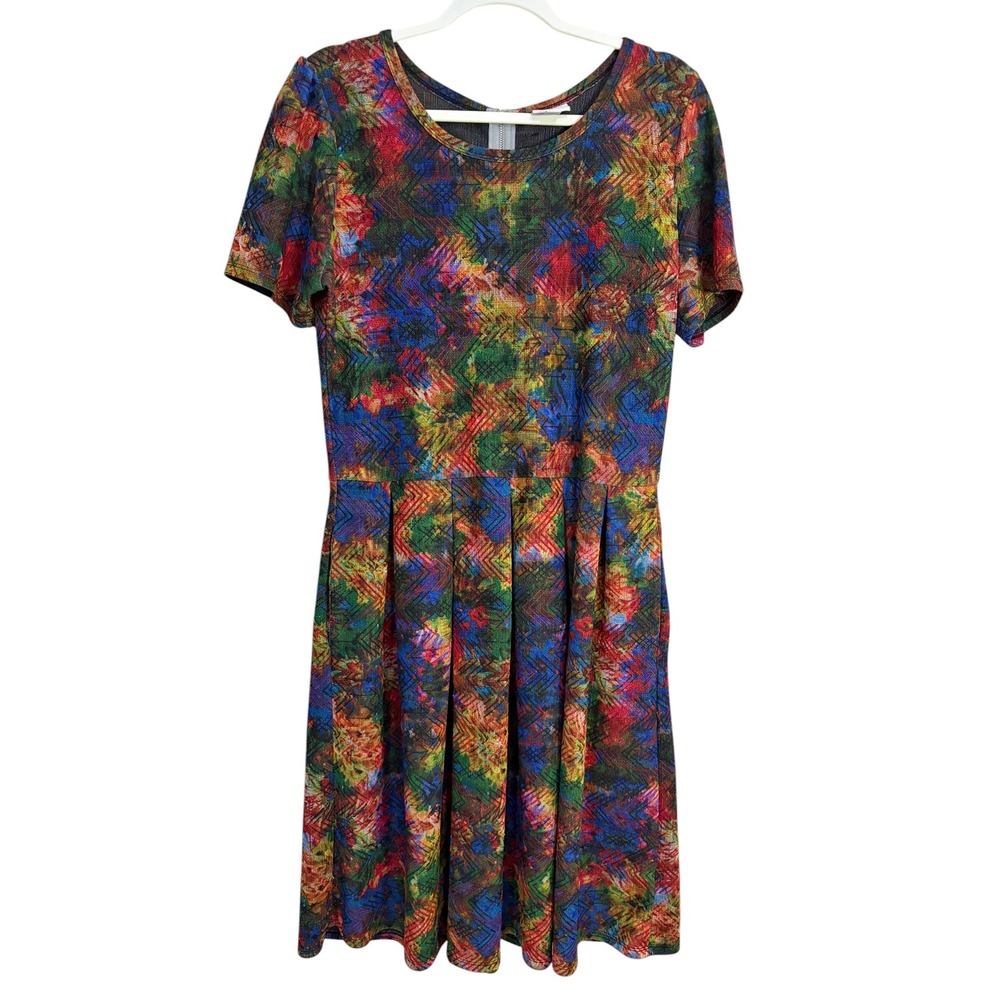 LuLaRoe Amelia Dress Womens 2XL Multi Color Abstract Chevron Pleated Pockets Zip